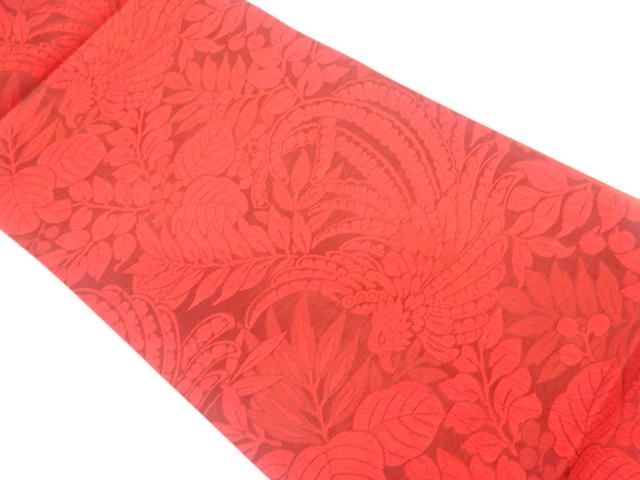 ふくれ織鳳凰に草花模様織出し全通袋帯